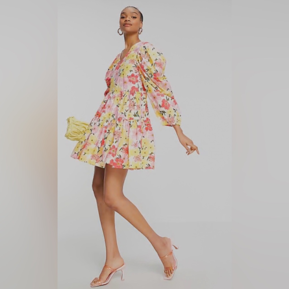 NWT ASOS Luxe Yellow and Pink Floral Tiered Puff Sleeve Mini Dress